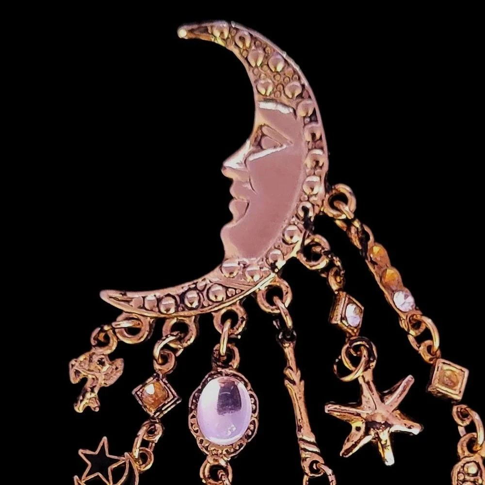 Vintage Style Gold Tone Celestial Man in the Moon Brooch Star Flower Charms Pin